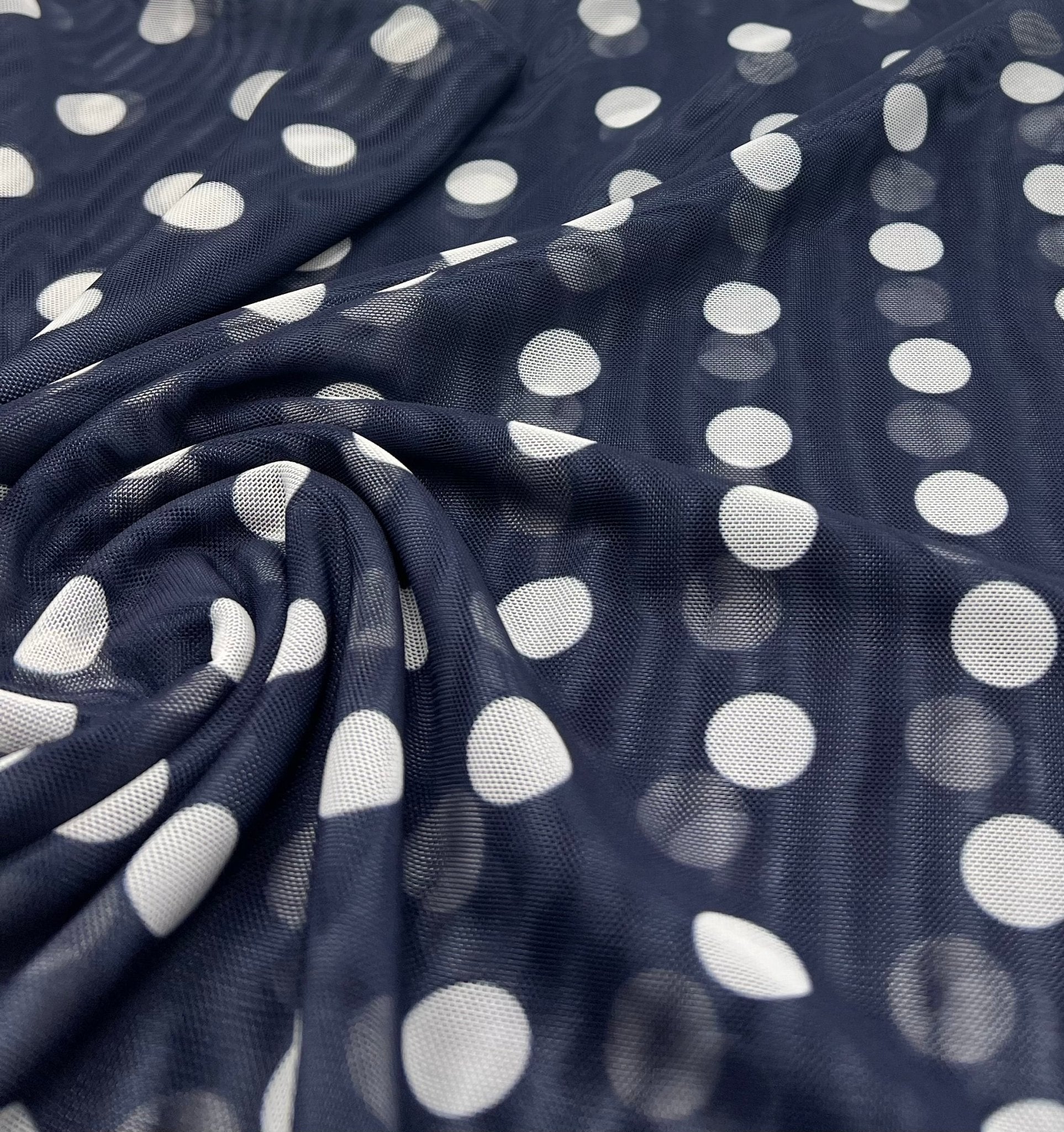 Navy White Polka Print Mesh Fabric Stretch - T9 Fabrics